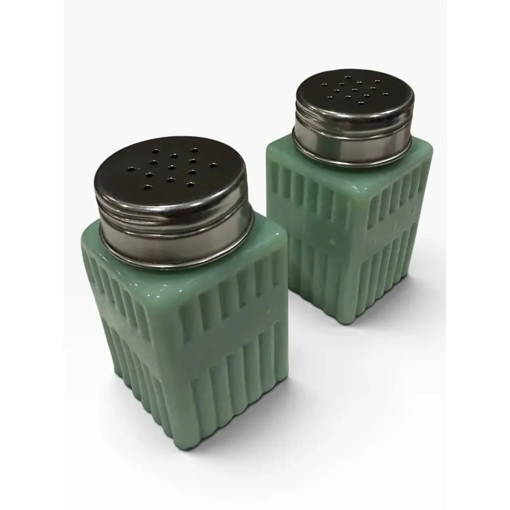 TPC Jadeite Green Milk Glass Salt & Pepper Shakers Ribbed Square Import Vintage